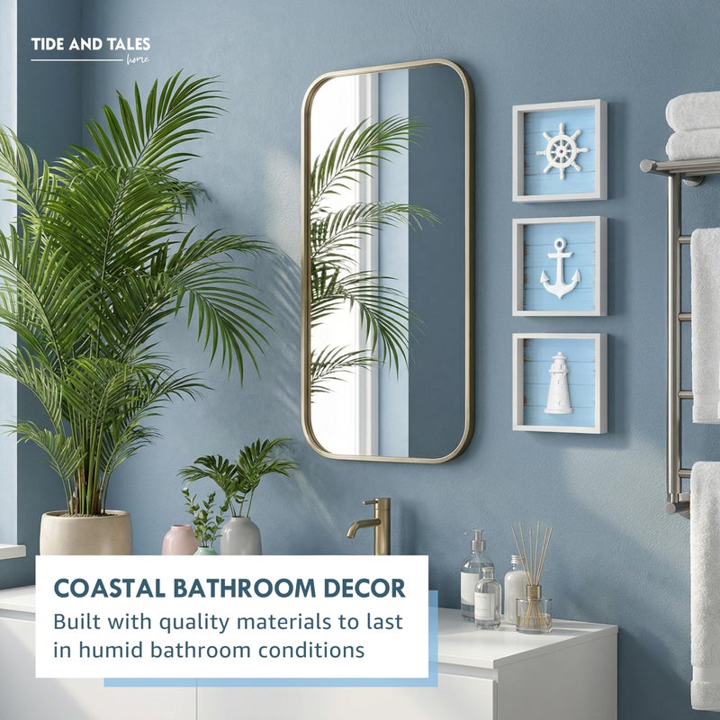 Tide and Tales Nautical Wall Decor (Framed Set of 3) with Anchor, Lighthouse & Ship Wheel, 3D Coastal Beach Decor Wall Art for Bathroom or Bedroom â€“ Ocean Themed Nautical Decoration for Home (7"x7") - Image 5