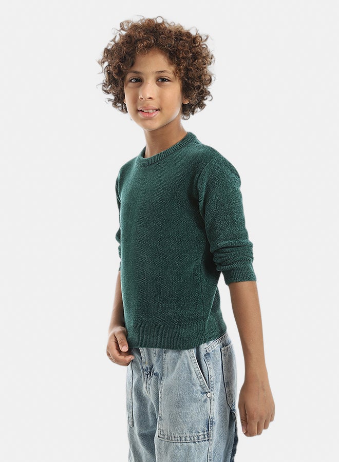 Andora Green Crew Neck Long Sleeves Velvet Pullover_Green - Image 2
