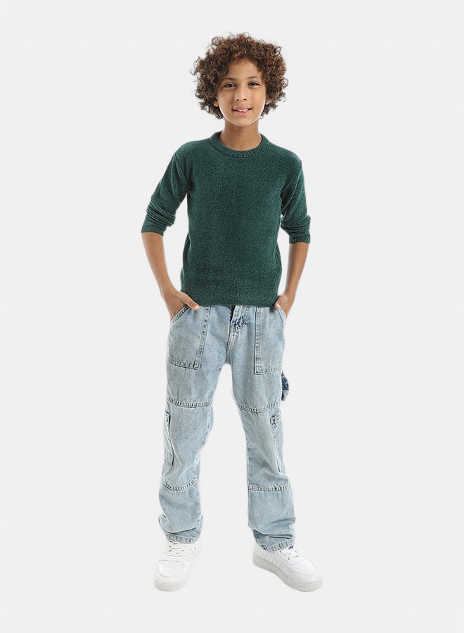 Andora Green Crew Neck Long Sleeves Velvet Pullover_Green - Image 5