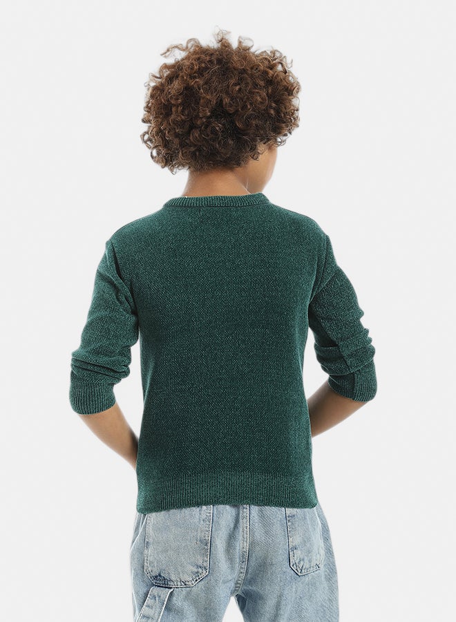 Andora Green Crew Neck Long Sleeves Velvet Pullover_Green - Image 3