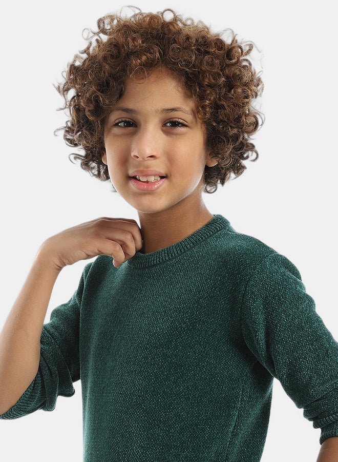 Andora Green Crew Neck Long Sleeves Velvet Pullover_Green - Image 4