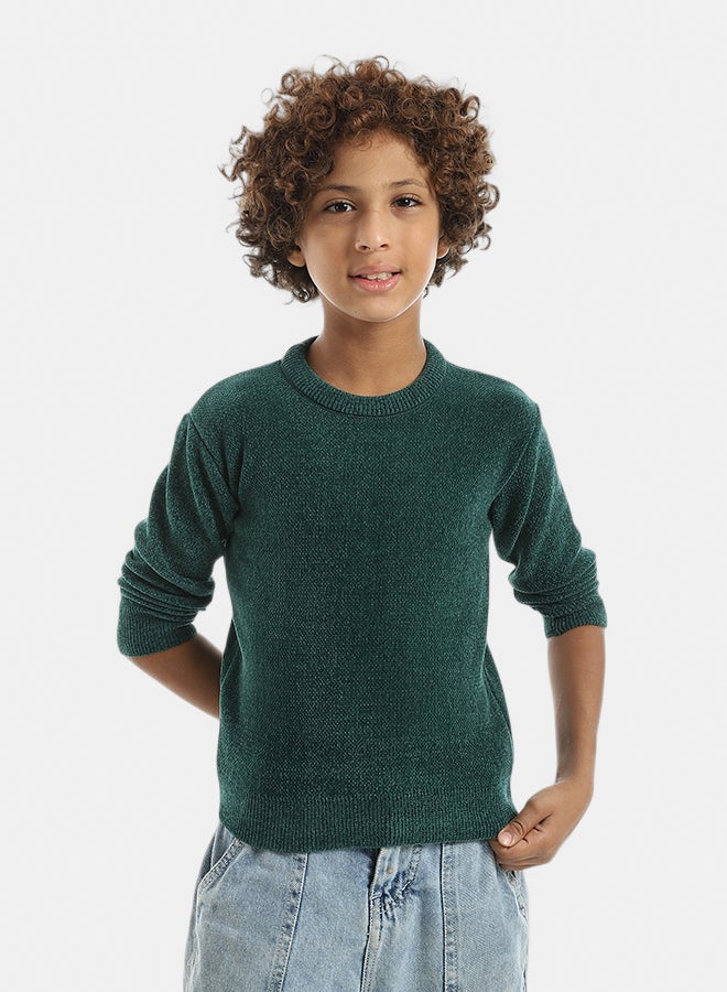 Andora Green Crew Neck Long Sleeves Velvet Pullover_Green - Image 1