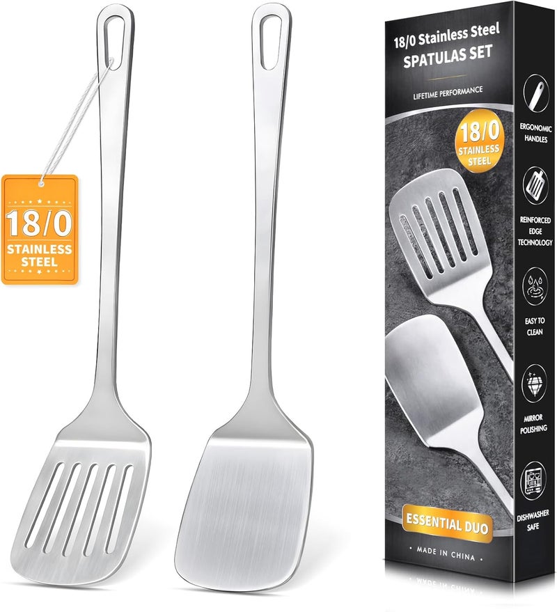 MemoGem 2 Pcs Stainless Steel Spatulas Set, Metal Spatula Solid & Slotted Turner, Heavy Duty Sturdy Spatula for Kitchen Use, High Heat Resistant Cooking Utensils for Fish Eggs Pancakes, Easy to Clean, Silver - Image 1
