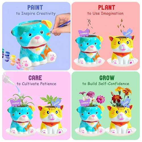 yasest Paint & Plant Flower Growing Kit for Kids - 4 Set DIY Animal Pattern Ceramic Painting Kit, Kids Gardening Set, Arts & Crafts for Ages 8-12, Birthday Gifts for 5 6 7 8 9 10 11 12 Year Old Girl - Image 2