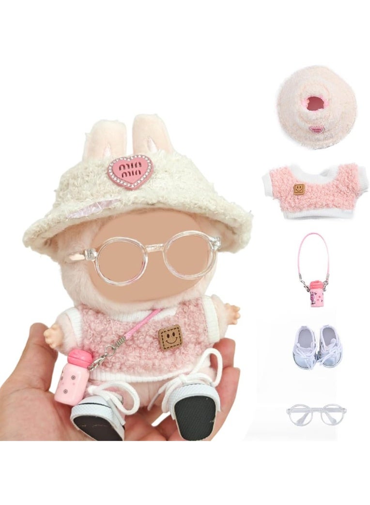 JOGAMS 5 Set 17cm Doll Clothes Accessories for 17cm Dolls Clothes, Light Pink Heart Shaped Velvet Hat, Small Camera, Glasses, Canvas Shoes No Doll Included - Image 1