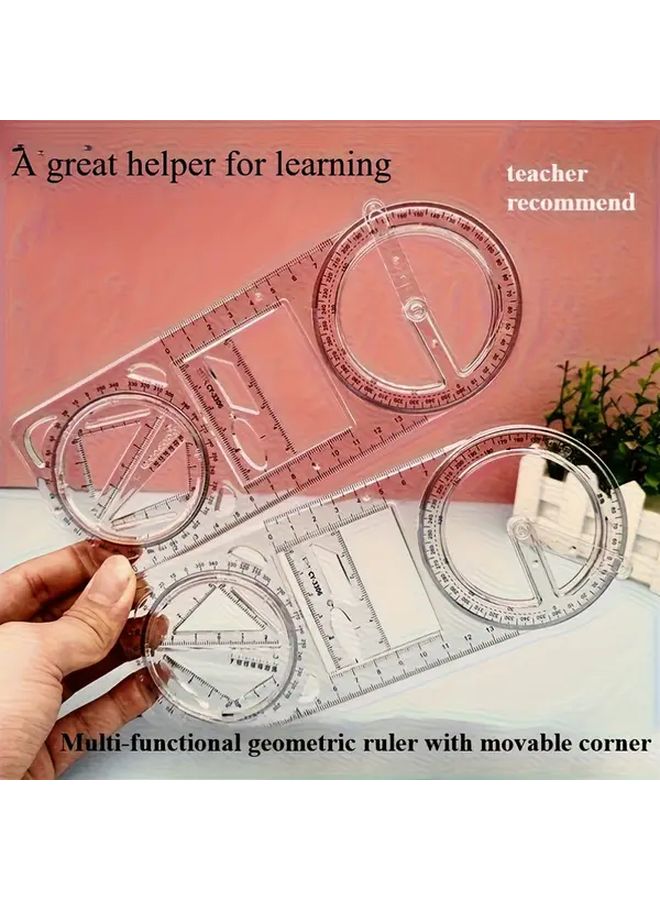2 Pack Multifunctional Math Geometry Ruler with Protractor Compass Durable Plastic - Image 2