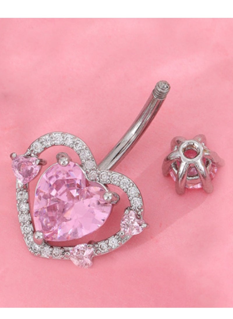 خاتم سرة من التيتانيوم المضاد للحساسية - تصميم قلب وردي مرصع ب zirconia اللامع. مثالي للبشرة الحساسة والهدايا الراقية في المناسبات الخاصة