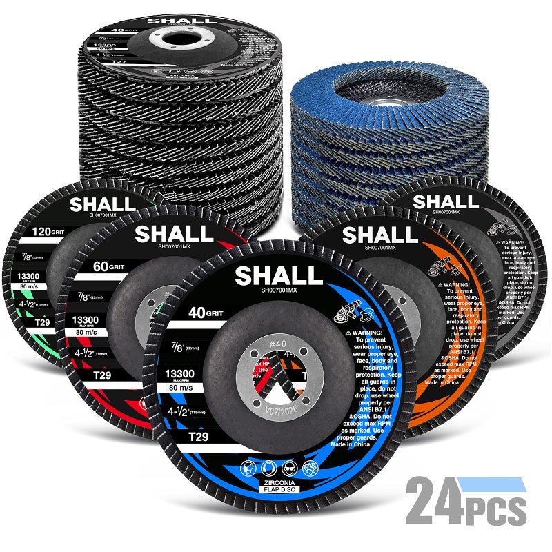 SHALL 24-Pack Flap Disc, 4-1/2" x 7/8", Zirconia Grinding Wheel 40/60/80/120 Grit T29 & 40 Grit T27 Angle Grinder Abrasive Sanding Disc with Etched Grit Number Indication, 80pcs Emery Cloth Per Disc - Image 1