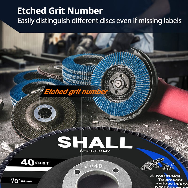 SHALL 24-Pack Flap Disc, 4-1/2" x 7/8", Zirconia Grinding Wheel 40/60/80/120 Grit T29 & 40 Grit T27 Angle Grinder Abrasive Sanding Disc with Etched Grit Number Indication, 80pcs Emery Cloth Per Disc - Image 4