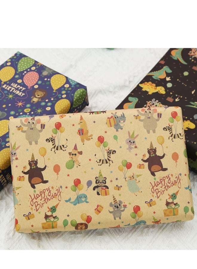 ورق تغليف عيد الميلاد، تصميم ديناصور حيوانات سعيدة لحفلات، ورق تغليف هAPPY بعيد ميلاد سعيد 6 أوراق مطوية مسطحة بحجم 20x28 بوصة لكل ورقة - Image 5