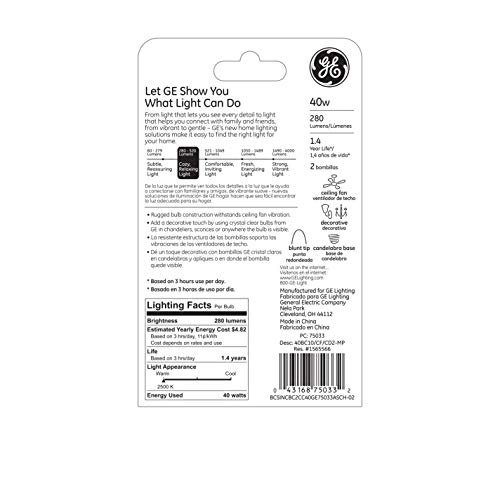 GE Lighting 12165 Light GE2PK40W CLR Blunt Bulb, Incandescent Bulbs, Warm white, 2 Count (Pack of 1), Clear - Image 2