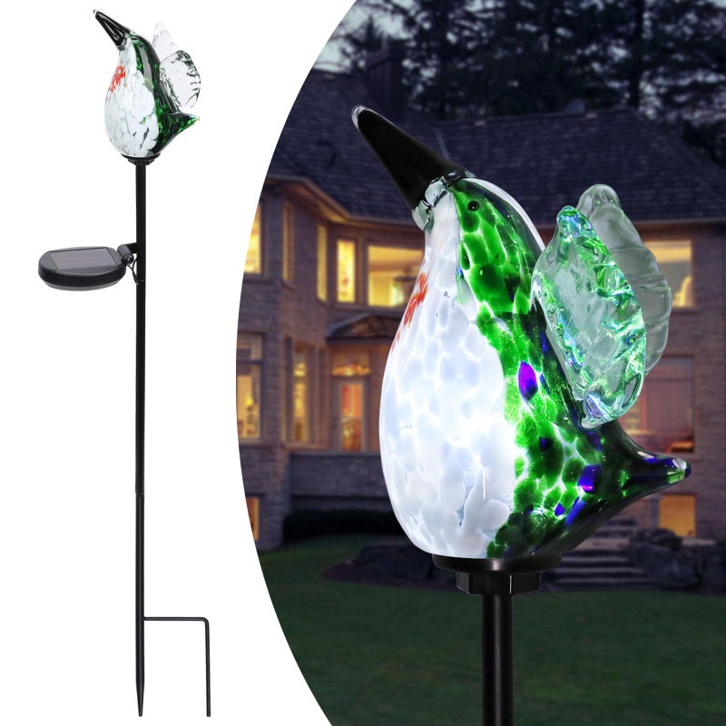 Afirst Decorative Solar Lights Outdoor Solar Hummingbird Stake Lights Hand Blown Glass Decorative Garden Pathway Light Outdoor Waterproof Glass Stakes Green