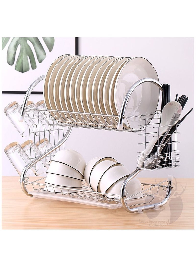 DubaiGallery Dish Drainer Rack, 2 Tier Stainless Steel Dish Rack with Cutting Board, Cutlery, Utensil Holder, Dish Dryer for Kitchen Counter Top Storage, Plated Chrome Dish Drainboard Silver - Image 4