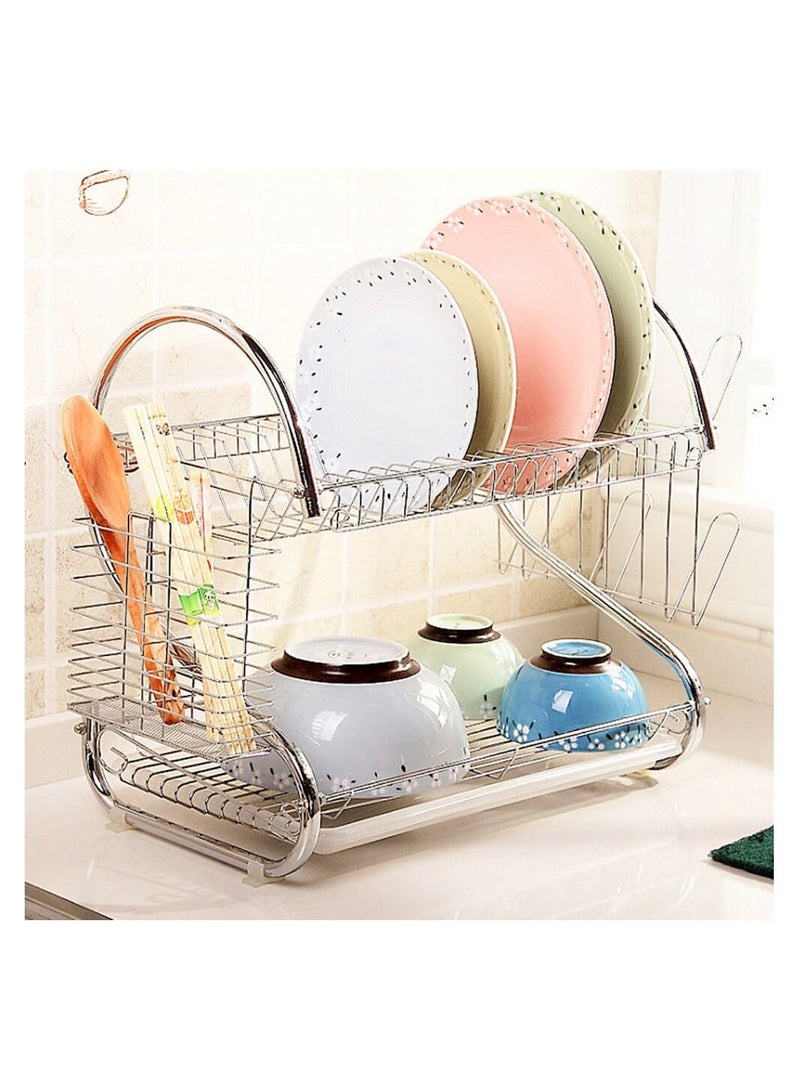 DubaiGallery Dish Drainer Rack, 2 Tier Stainless Steel Dish Rack with Cutting Board, Cutlery, Utensil Holder, Dish Dryer for Kitchen Counter Top Storage, Plated Chrome Dish Drainboard Silver - Image 2