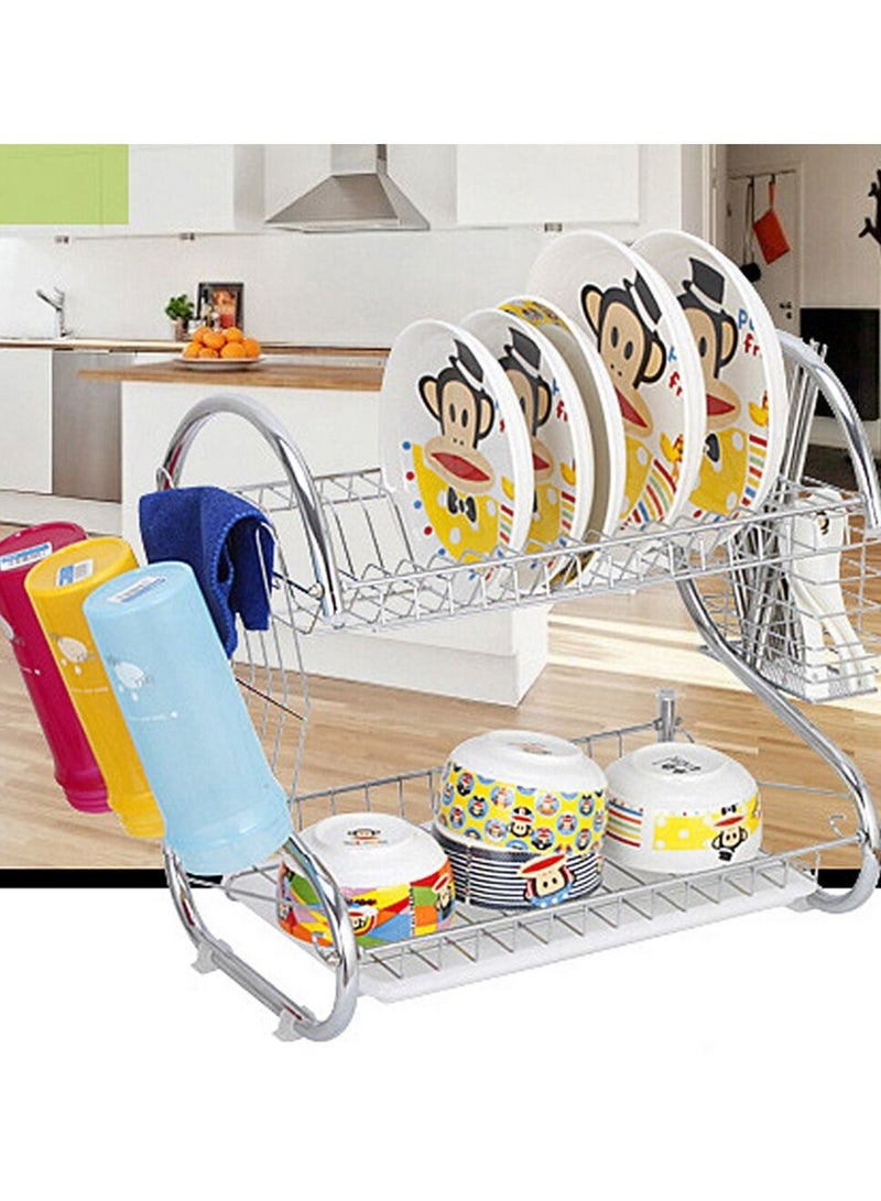 DubaiGallery Dish Drainer Rack, 2 Tier Stainless Steel Dish Rack with Cutting Board, Cutlery, Utensil Holder, Dish Dryer for Kitchen Counter Top Storage, Plated Chrome Dish Drainboard Silver - Image 3