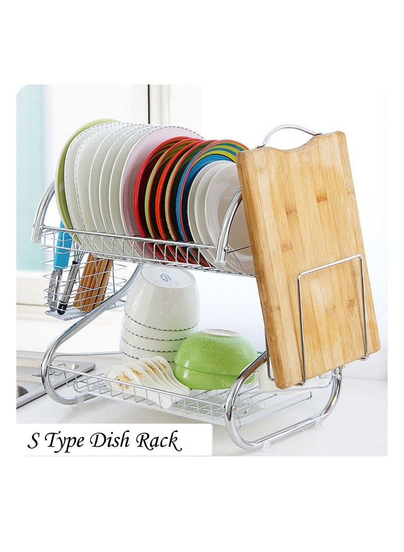 DubaiGallery Dish Drainer Rack, 2 Tier Stainless Steel Dish Rack with Cutting Board, Cutlery, Utensil Holder, Dish Dryer for Kitchen Counter Top Storage, Plated Chrome Dish Drainboard Silver - Image 5