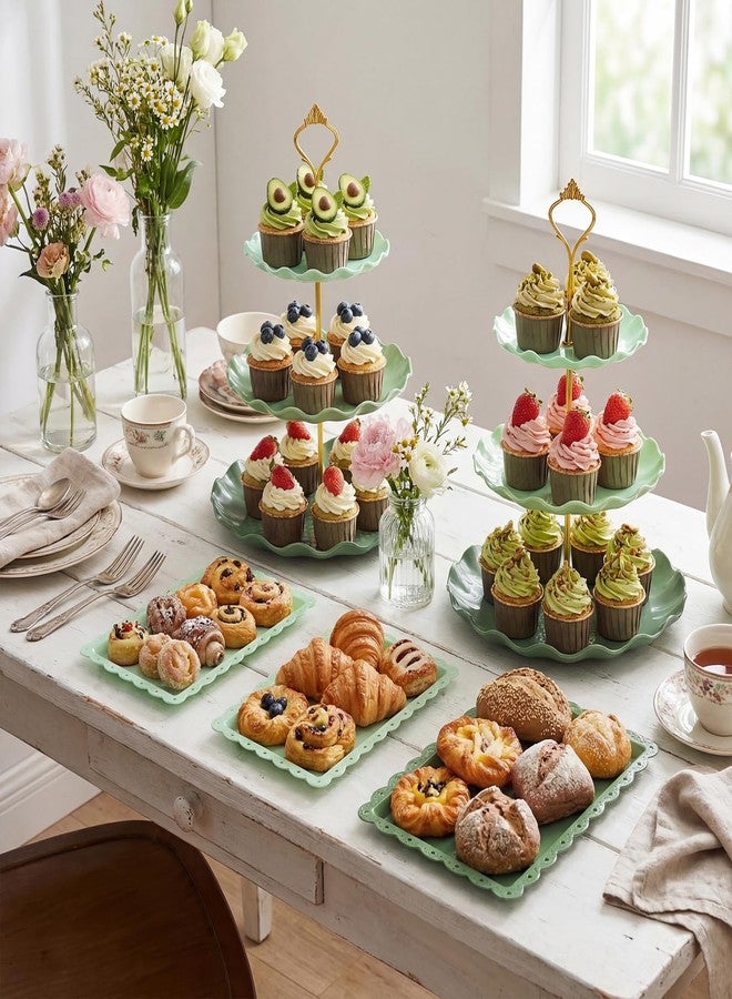 FoldTier 6 Pack Cupcake Stand Set 3 Pcs 3 Tier Gradient Dessert Table Display Stands Cookie Tray Rack 3 X14 in Rectangle Party Trays for Wedding Birthday Tea Party Baby Shower(Green,Round) - Image 5