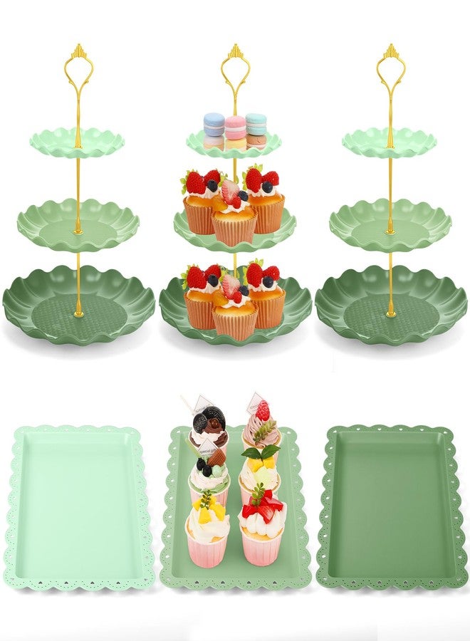 FoldTier 6 Pack Cupcake Stand Set 3 Pcs 3 Tier Gradient Dessert Table Display Stands Cookie Tray Rack 3 X14 in Rectangle Party Trays for Wedding Birthday Tea Party Baby Shower(Green,Round) - Image 1