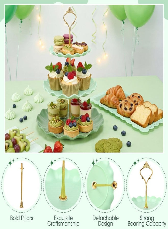 FoldTier 6 Pack Cupcake Stand Set 3 Pcs 3 Tier Gradient Dessert Table Display Stands Cookie Tray Rack 3 X14 in Rectangle Party Trays for Wedding Birthday Tea Party Baby Shower(Green,Round) - Image 3