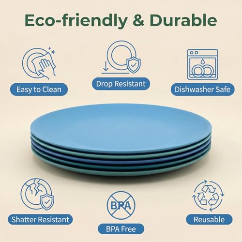 WEXINHAO 10 inch Wheat Straw Plates, Unbreakable Flat Dinner Plate Set of 8, BPA Free Dishwasher & Microwave Safe Reusable Salad Camping for Kids Kitchen (4 Color) - Image 3