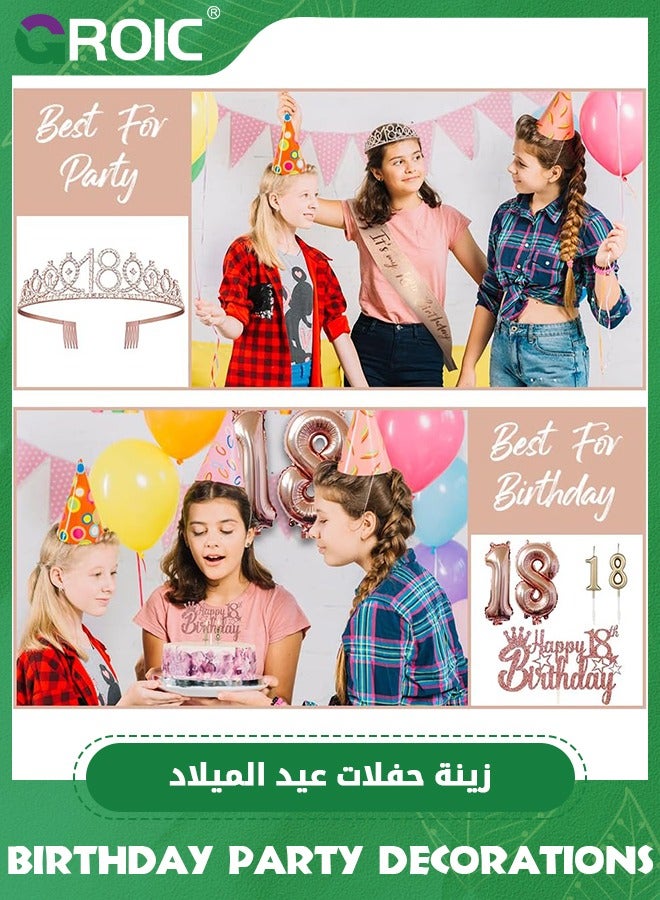 GROIC مجموعة زينة عيد الميلاد الثامن عشر، تشمل شريط عيد الميلاد الثامن عشر وتاج، قمة كعكة عيد الميلاد رقم 18 وشموع رقم 18، بالونات رقم 18 باللون الوردي الذهبي، دبوس لؤلؤ، مستلزمات حفلة عيد الميلاد للفتيات والنساء - Image 2