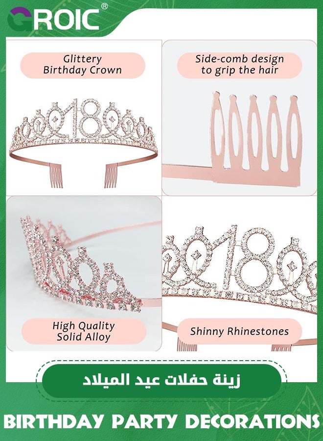 GROIC مجموعة زينة عيد الميلاد الثامن عشر، تشمل شريط عيد الميلاد الثامن عشر وتاج، قمة كعكة عيد الميلاد رقم 18 وشموع رقم 18، بالونات رقم 18 باللون الوردي الذهبي، دبوس لؤلؤ، مستلزمات حفلة عيد الميلاد للفتيات والنساء - Image 3