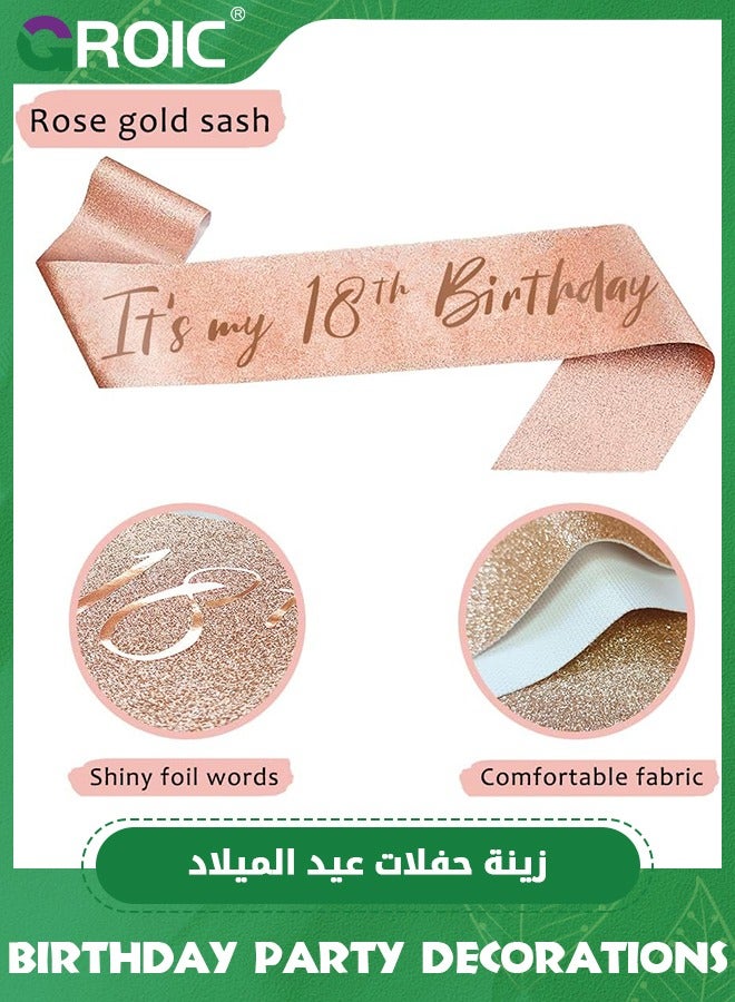 GROIC مجموعة زينة عيد الميلاد الثامن عشر، تشمل شريط عيد الميلاد الثامن عشر وتاج، قمة كعكة عيد الميلاد رقم 18 وشموع رقم 18، بالونات رقم 18 باللون الوردي الذهبي، دبوس لؤلؤ، مستلزمات حفلة عيد الميلاد للفتيات والنساء - Image 4