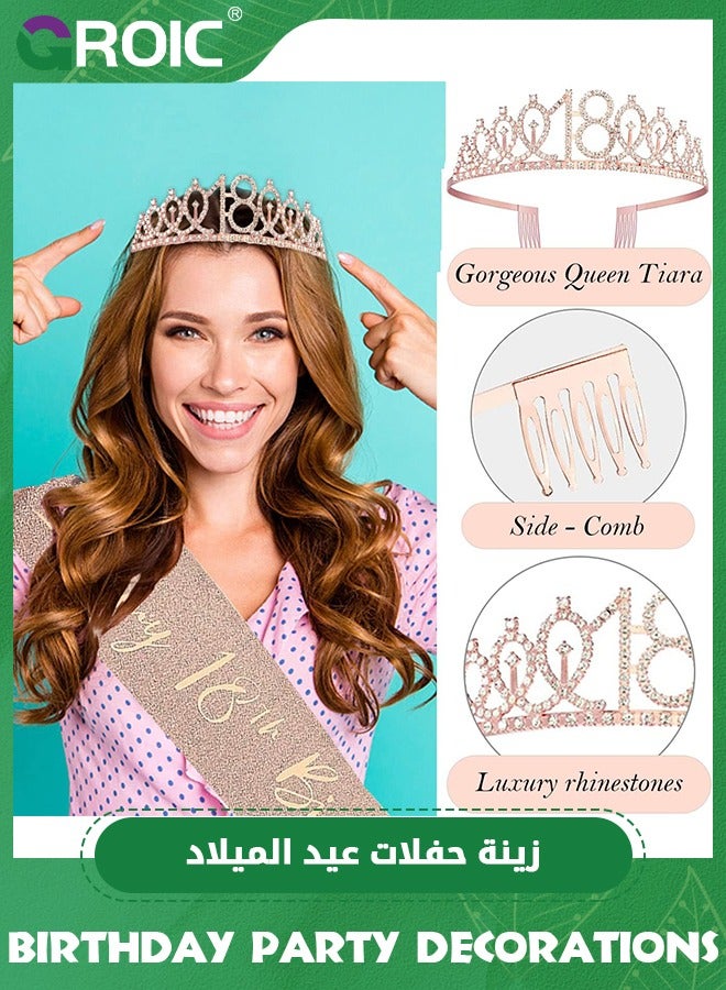 GROIC مجموعة زينة عيد الميلاد الثامن عشر، تشمل شريط عيد الميلاد الثامن عشر وتاج، قمة كعكة عيد الميلاد رقم 18 وشموع رقم 18، بالونات رقم 18 باللون الوردي الذهبي، دبوس لؤلؤ، مستلزمات حفلة عيد الميلاد للفتيات والنساء - Image 5
