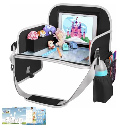 MENZOKE Kids Travel Tray for Toddler Car Seat, Toddler Gift for Boy Activities with Dry Erase Board & iPad Holder Stand, Road Trip Essentials Accessories Lap Tray for Boy as Birthday Gift, Black - Image 1