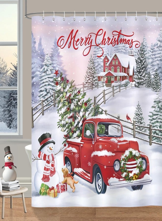 Bonhause Merry Christmas Shower Curtain, Red Truck Xmas Tree Snowman Winter Holiday Bathroom Decor 72 x 72 Inch Polyester Fabric Waterproof Bath Curtain with 12 Hooks - Image 1