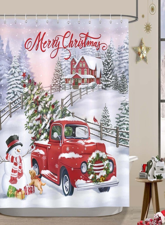 Bonhause Merry Christmas Shower Curtain, Red Truck Xmas Tree Snowman Winter Holiday Bathroom Decor 72 x 72 Inch Polyester Fabric Waterproof Bath Curtain with 12 Hooks - Image 2