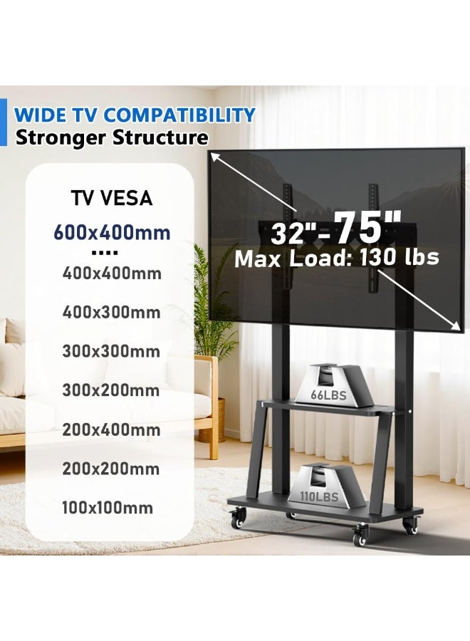 Mobile Adjustable TV Stand with Tilt & Wheels for 32-75 Inch TVs – Height Adjustable, Heavy Duty up to 50kg, Max VESA 600x400mm  - Image 2
