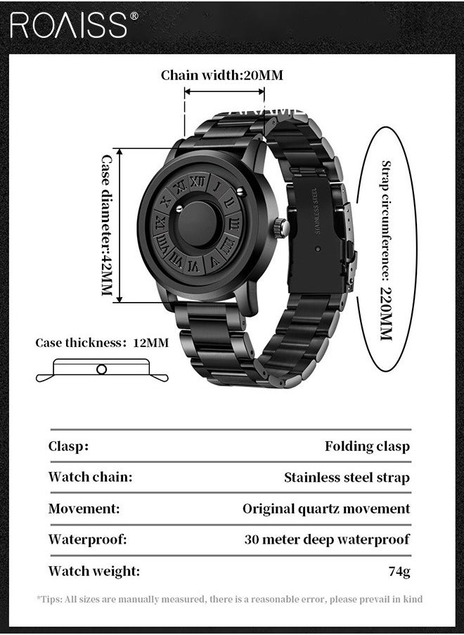 roaiss - Men's Mirrorless Quartz Watch, Magnetic Bead Display Round Dial Waterproof Wristwatch with Stainless Steel Band, Stylish Gift Option for Men - Image 1