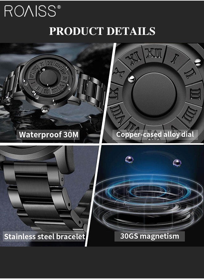 roaiss - Men's Mirrorless Quartz Watch, Magnetic Bead Display Round Dial Waterproof Wristwatch with Stainless Steel Band, Stylish Gift Option for Men - Image 1