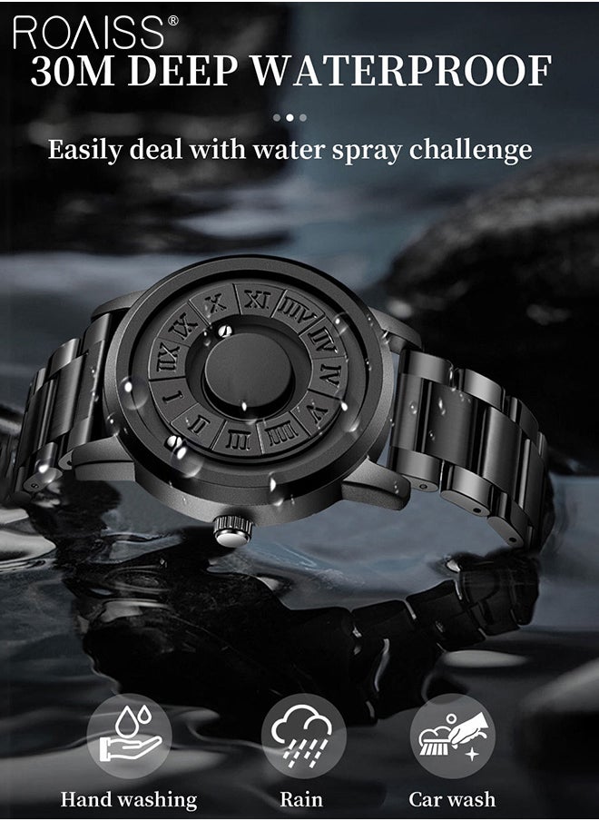 roaiss - Men's Mirrorless Quartz Watch, Magnetic Bead Display Round Dial Waterproof Wristwatch with Stainless Steel Band, Stylish Gift Option for Men - Image 1