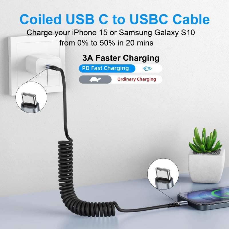 KIYODA USB C to USB C Cable [3FT+6FT], 2Pack Coiled USB C Charger Cable for Car, Type C Fast Charging Cable Compatible with iPhone 17/16/ 15/Plus/Pro/Pro Max/MacBook Pro 2020/Samsung Galaxy S23 - Image 2