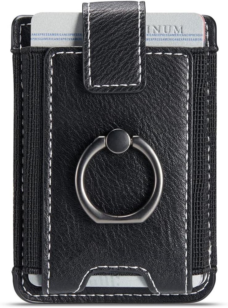 TOPWOOZU Phone Card Holder with Ring Grip for Back of Phone,Adhesive Stick-on Credit Card Wallet Pocket for iPhone,Android and Smartphones (Black) - Image 1