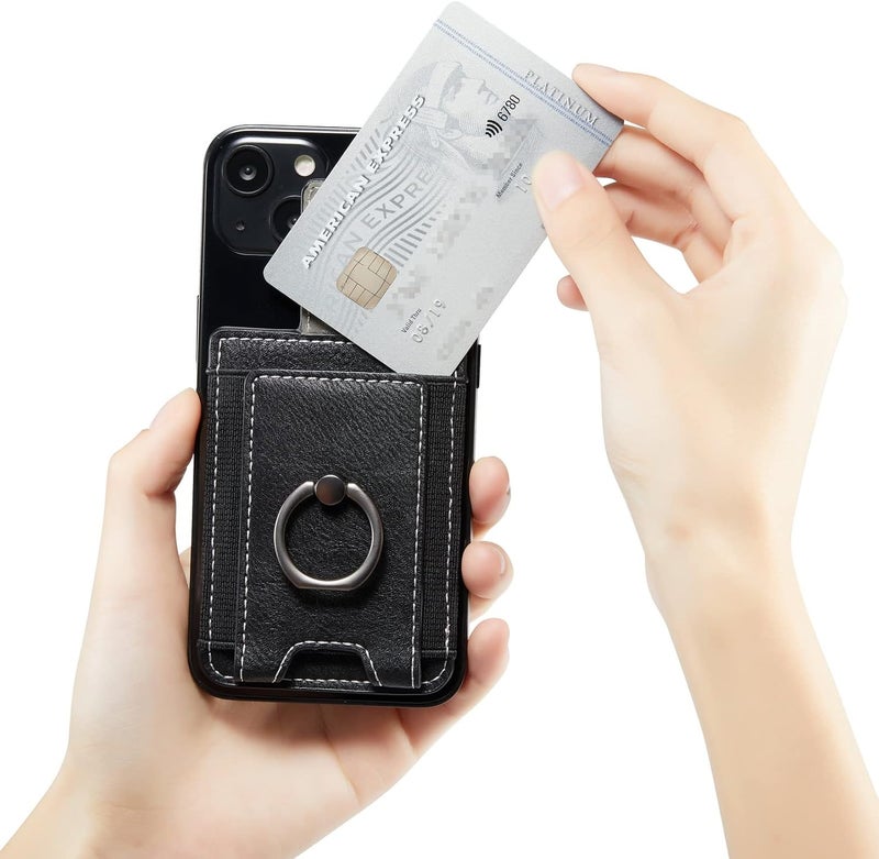 TOPWOOZU Phone Card Holder with Ring Grip for Back of Phone,Adhesive Stick-on Credit Card Wallet Pocket for iPhone,Android and Smartphones (Black) - Image 2