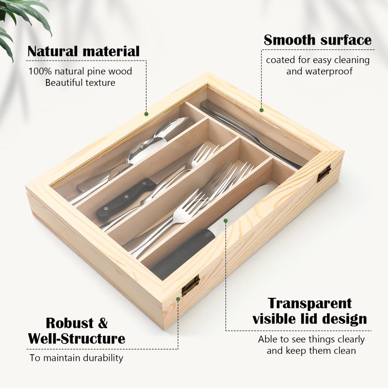 Baderke Silverware Storage Box with Lid Kitchen Drawer Organizer Utensil Organizer with Lid 5 Slots Wooden Silverware Storage Case Silverware Container Tray for Kitchen Cutlery Countertop - Image 2