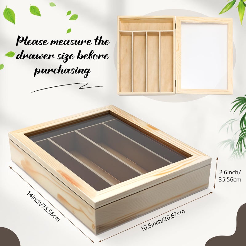 Baderke Silverware Storage Box with Lid Kitchen Drawer Organizer Utensil Organizer with Lid 5 Slots Wooden Silverware Storage Case Silverware Container Tray for Kitchen Cutlery Countertop - Image 4