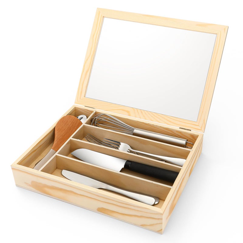 Baderke Silverware Storage Box with Lid Kitchen Drawer Organizer Utensil Organizer with Lid 5 Slots Wooden Silverware Storage Case Silverware Container Tray for Kitchen Cutlery Countertop - Image 1