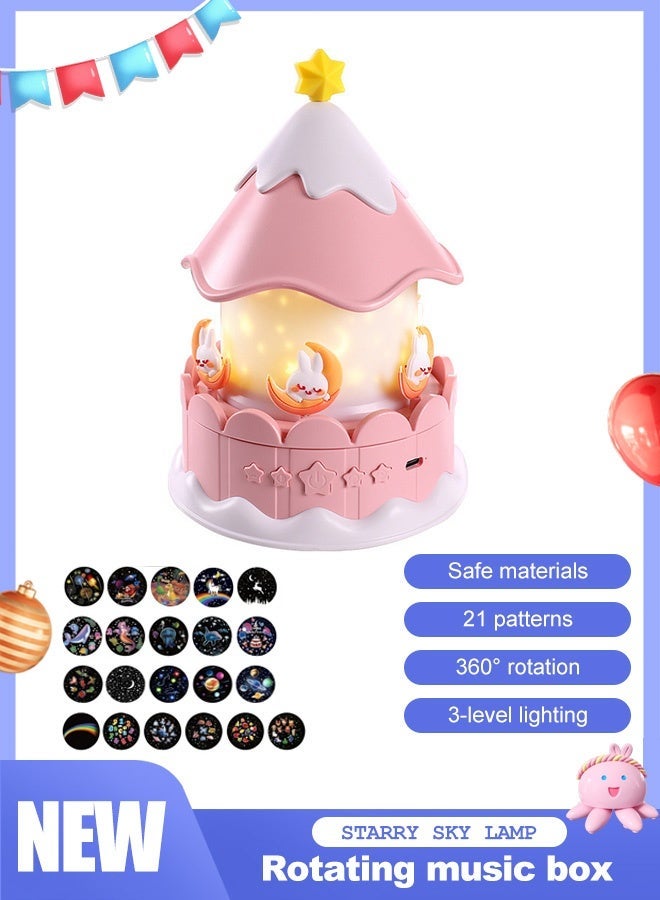 Joudiplay Carousel-Style Children's Projection Lamp - Pink - Plug-in Rotating - 21 Film Sets Featuring 3 light colours, starlit skies to lull little ones to sleep, enchanting unicorns, ocean scenes, birthday celebrations, educational themes + animals, and 21 other enchanting settings. A daily dose of romantic companionship, never repeating. - Image 2