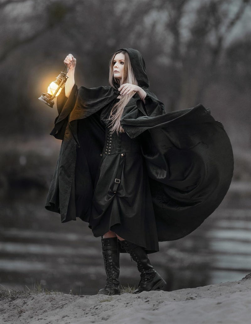 Scarlet Darkness Women Renaissance Hooded Cape Medieval Cloak Hobbit Halloween Costume Black - Image 5