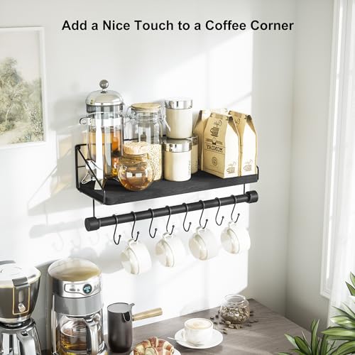 Alsonerbay Floating Shelves Wall Shelves for Bedroom, Bathroom Shelves Wall Mounted with Towel Bar, Kitchen Rustic Wood Shelf with Hooks for Hanging Cooking Utensils or Mugs - Image 3