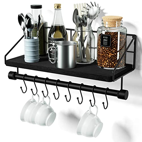Alsonerbay Floating Shelves Wall Shelves for Bedroom, Bathroom Shelves Wall Mounted with Towel Bar, Kitchen Rustic Wood Shelf with Hooks for Hanging Cooking Utensils or Mugs - Image 1