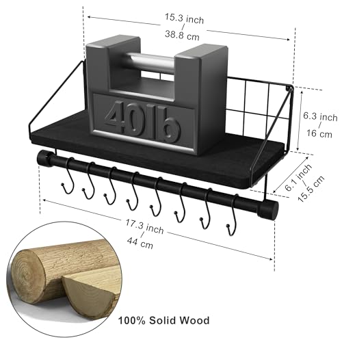 Alsonerbay Floating Shelves Wall Shelves for Bedroom, Bathroom Shelves Wall Mounted with Towel Bar, Kitchen Rustic Wood Shelf with Hooks for Hanging Cooking Utensils or Mugs - Image 4