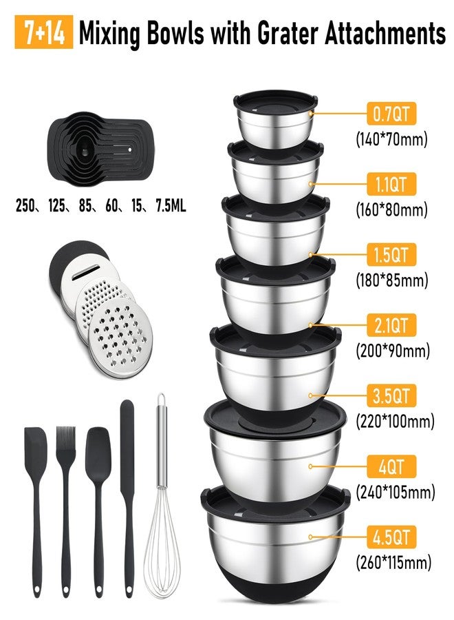 Unokit Mixing Bowls with Lids Set, 7 Pcs Stainless Steel Mixing Bowls with 3 Grater Attachments, Non-Slip Silicone Base Mixing Bowl Set, Sizes 4.5, 4, 3.5, 2.1, 1.5, 1.1, 0.7 Qt for Mixing, Serving - Image 2