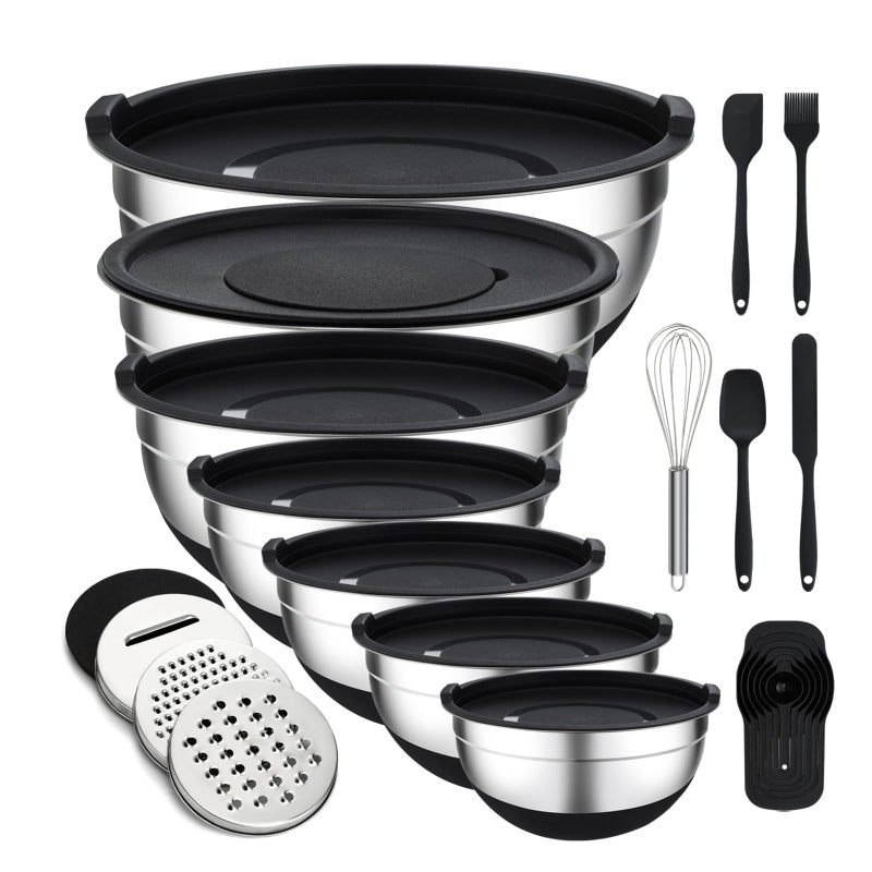 Unokit Mixing Bowls with Lids Set, 7 Pcs Stainless Steel Mixing Bowls with 3 Grater Attachments, Non-Slip Silicone Base Mixing Bowl Set, Sizes 4.5, 4, 3.5, 2.1, 1.5, 1.1, 0.7 Qt for Mixing, Serving - Image 1