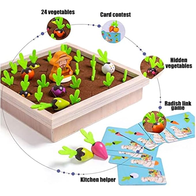 CARROT HARVEST GAME WOODEN TOY, MONTESSORI TOYS BABY CARROT PULL TOY,VEGETABLE MEMORY GAME SHAPE COLOR SORTING MATCHING EDUCATIONAL WOODEN TOYS FOR 1-3 TODDLERS - Image 4