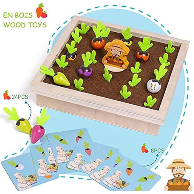 CARROT HARVEST GAME WOODEN TOY, MONTESSORI TOYS BABY CARROT PULL TOY,VEGETABLE MEMORY GAME SHAPE COLOR SORTING MATCHING EDUCATIONAL WOODEN TOYS FOR 1-3 TODDLERS - Image 3